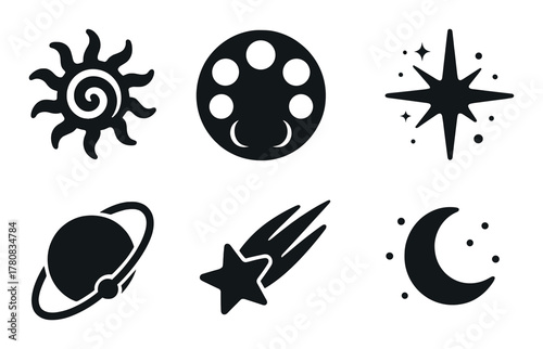 Celestial symbols: sun, moon, stars, planets, comet, cosmic designs
