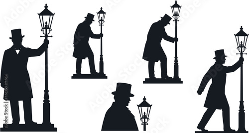 Lamplighter silhouette poses, vintage street lamp interaction, historical character scene, urban nostalgia, black and white cad drawing flat vector illustration