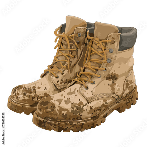 Vector illustration of a pair of work boots covered in mud