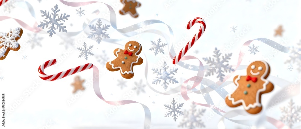 Obraz premium Festive gingerbread men, candy canes, and snowflakes floating on a white background with ribbons, celebrating winter holidays.