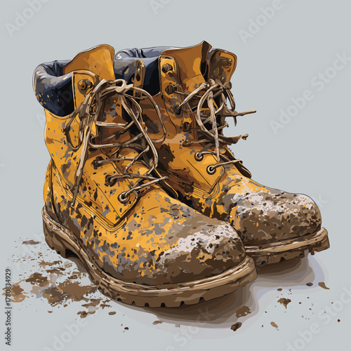 Vector illustration of a pair of work boots covered in mud