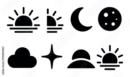 Black weather icons set: sun, moon, clouds, stars on olive green background