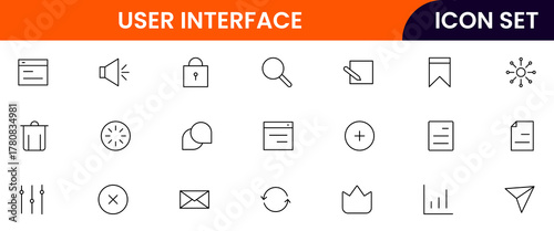 User Interface UI, UX web icons in line style. User, profile, message, mobile app, document file, social media, button, home, chat, arrow, collection. Vector illustration.