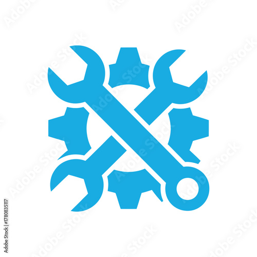 Blue crossed wrenches on a gear, minimal maintenance icon on a white backdrop