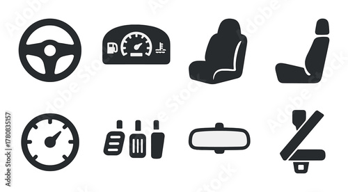 Car dashboard symbols: steering wheel, gauges, seat, pedals, mirror, seatbelt icons