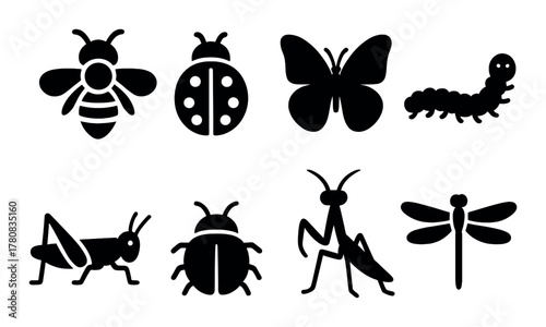 Silhouettes of insects: butterfly, bee, ladybug, caterpillar, grasshopper, mantis, dragonfly