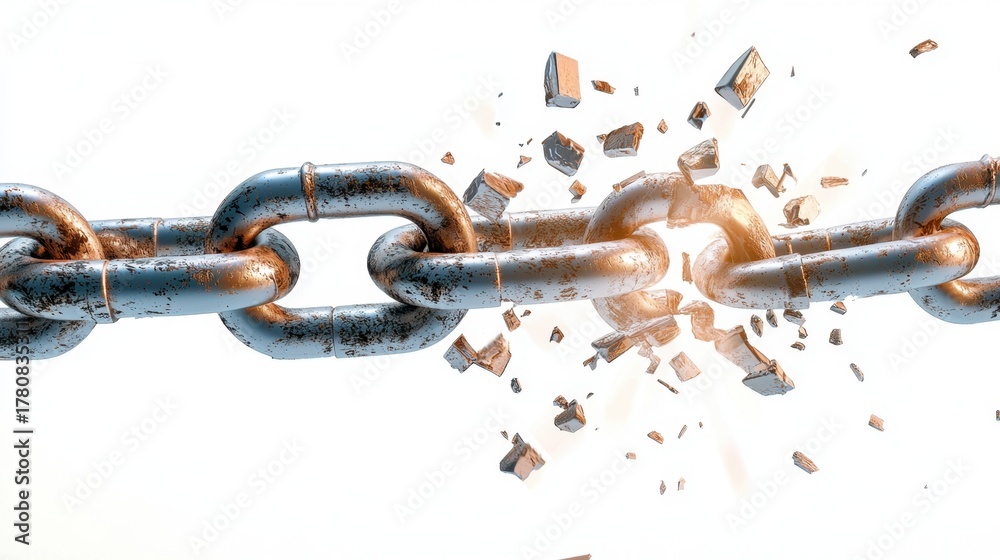 Fototapeta premium Broken Chain Link with Shattering Pieces on White Background