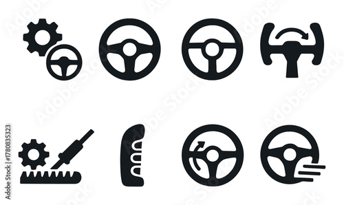 Set of eight dark steering wheel and gear icons on black background