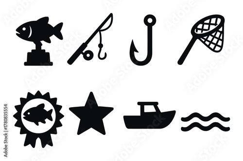 Silhouette icons of fishing equipment and symbols