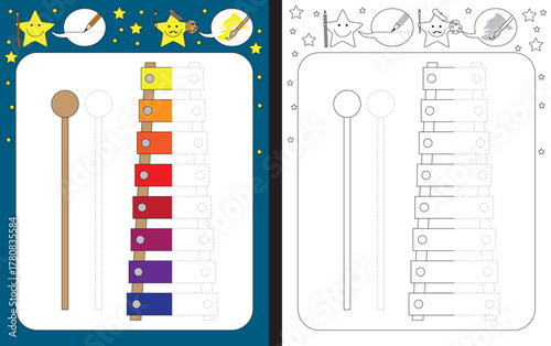Preschool worksheet for practicing fine motor skills - tracing dashed lines - finish the illustration of the xylophone