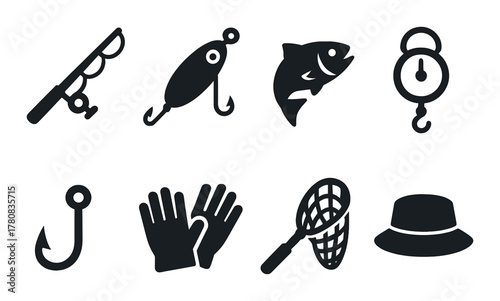 Silhouette icons of fishing gear and accessories on black background
