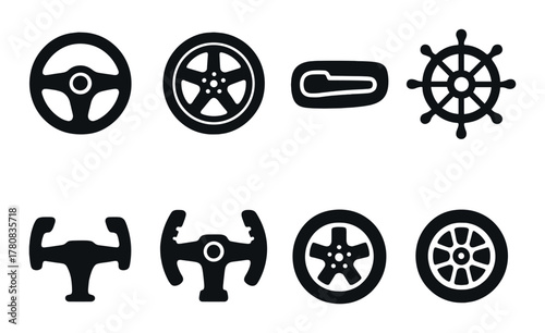Collection of various steering wheel and rim silhouettes in black design