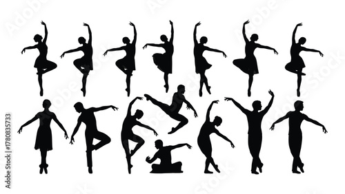 Ballet dancer silhouettes in various poses isolated on transparent background, Vector