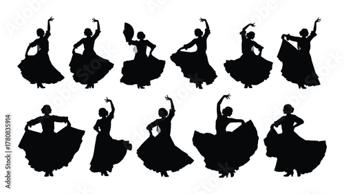 Flamenco dancer silhouettes collection isolated on transparent background, Vector