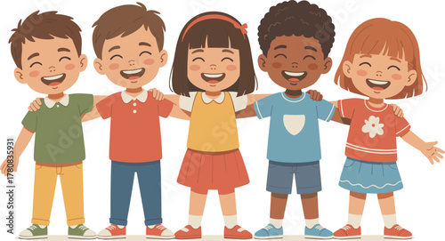 Happy Diverse Kids Group Hugging and Smiling Together as Best Friends Vector Illustration