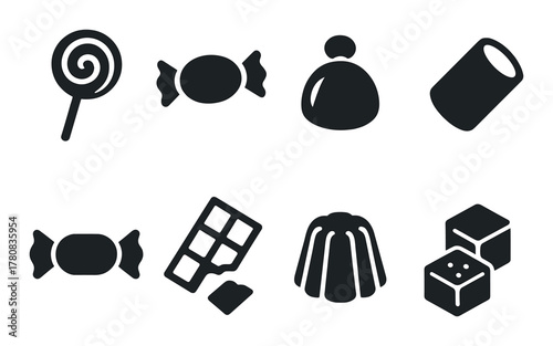 Candy and dessert icons: lollipop, chocolate bar, jelly, sugar cube