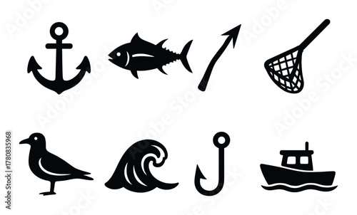 Silhouette icons of fishing: anchor, fish, hook, net, seagull, wave, boat