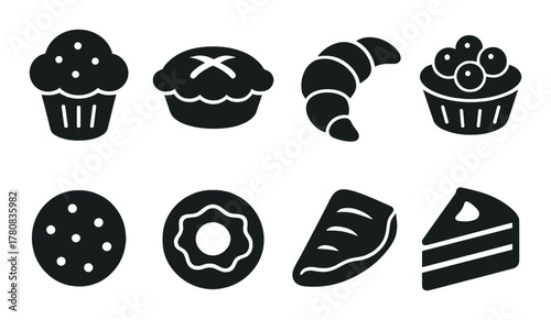 Silhouette icons of various baked goods on dark background