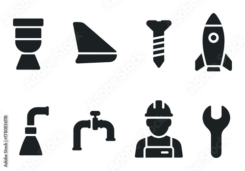 Industrial icon set: tools, rocket, worker, and machinery silhouettes