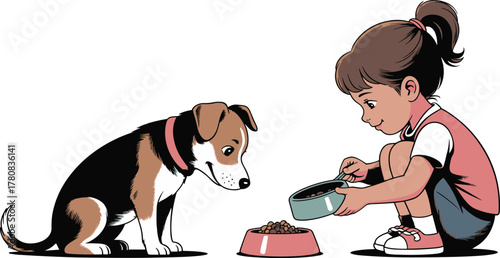 Cute Girl Feeding Her Pet Dog with Food Bowl Vector Illustration