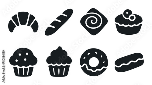 Black and white bakery icons on gray background: pastries, donuts, cupcakes