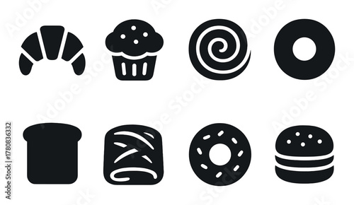 Silhouette icons of bakery goods on dark background