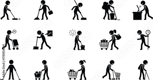 Stick figure activity icons, shopping cleaning working gestures, everyday task character set, blackwhite minimalist cad drawing flat vector illustration