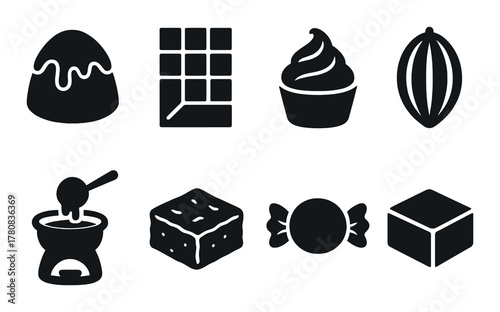 Assorted dark chocolate icons: egg, bar, cupcake, cocoa pod, fondue, brownie, candy, cube