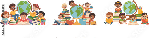 Set of Diverse Kids Reading Books and Learning Around Globe Vector Illustration