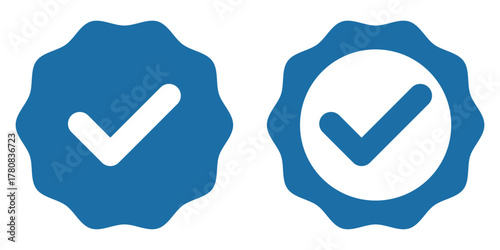 Blue Check Mark and Profile Approved icon set. Verified badge symbol. Blue tick mark icons collection. Social media profile blue check sign. Tick symbol. Accept okay symbol.