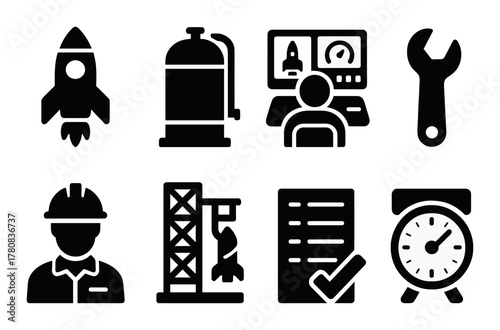 Black icon set: space launch, engineering, tools, and construction symbol collection