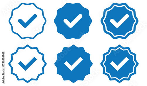 Blue Check Mark and Profile Approved icon set. Verified badge symbol. Blue tick mark icons collection. Social media profile blue check sign. Tick symbol. Accept okay symbol.