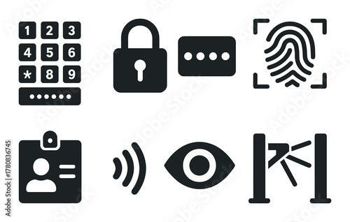 Security icons: padlock, fingerprint, keypad, biometrics, authentication