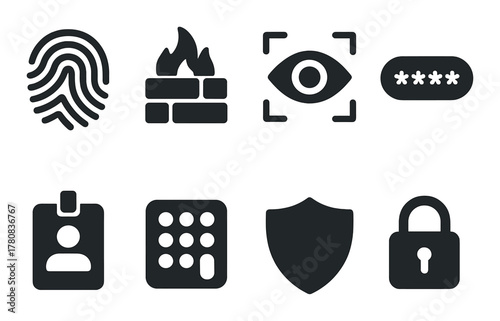 Digital security icons set featuring fingerprint, firewall, eye, password, badge, keypad, shield, lock