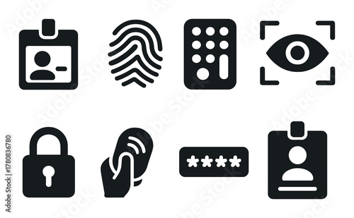 Biometric security icons: fingerprint, password, id card, eye recognition on black background