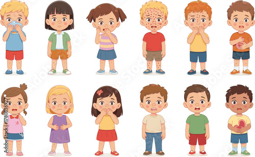Set of Diverse Young Children Suffering from Various Illnesses, Pain, and Health Symptoms Vector Collection