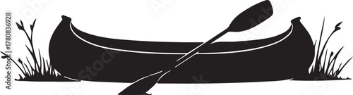 Black silhouette of a canoe with paddle and reeds boat