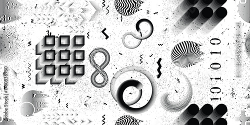 Glitch distorted grungy abstract forms . Halftone dots seamless pattern texture. Grange shapes .Grunge textured . Vector shapes with half tone dots .Screen print endless pattern texture