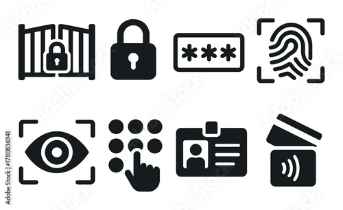 Security icons set featuring lock, fingerprint, password, and eye symbols