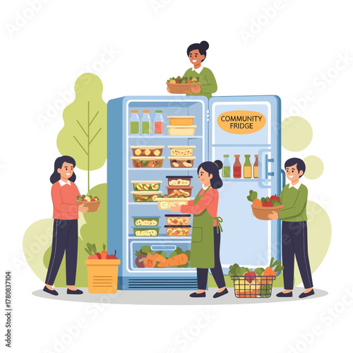 Community volunteers stocking a public fridge with fresh food donations.