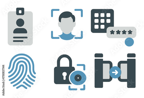 Biometric security icons: fingerprint, facial recognition, password, lock, id badge