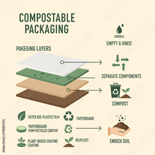 Compostable Packaging Infographic Explaining Layers and Recycling Process.