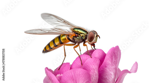 Macro Close-Up of a Hoverfly with Shimmering Wings Feeding on a Pink Flower Petal in Bright Daylight on white background