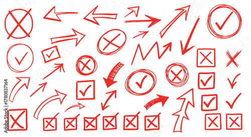 Collection of hand drawn red arrows checkmarks and crosses symbols on white background