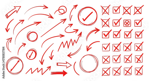 Collection of hand drawn red arrows circles checkmarks and x marks on white background