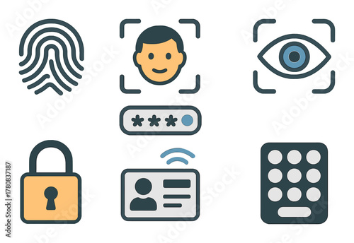 Biometric security icons: fingerprint, facial recognition, eye scan, password, lock, id card, keypad