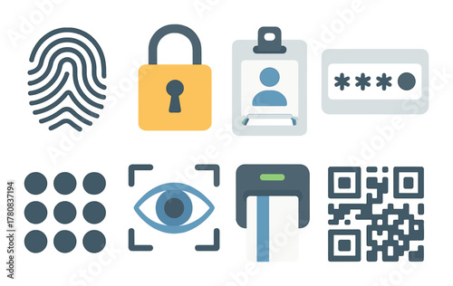 Digital security icons: fingerprint, lock, id, password, pattern, eye, card, qr code