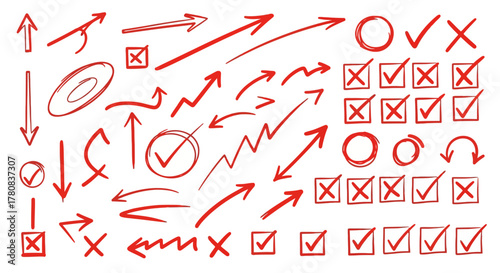 Collection of hand drawn red arrows checkmarks circles and x marks on white background