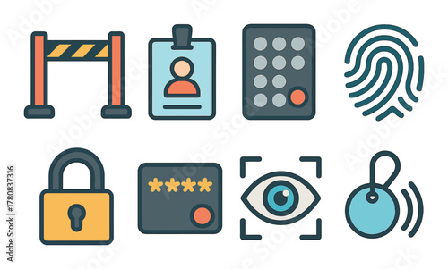 Security icons including fingerprint, lock, badge, access keypad, and rfid tag