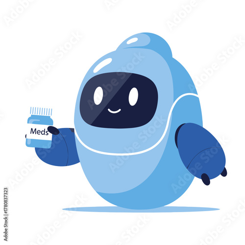 Cute cartoon robot character holding a bottle of prescription medicine.